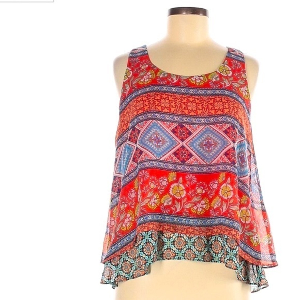 By & By size M blouse orange & blue BOHO sleeveless layered Chiffon A-line top